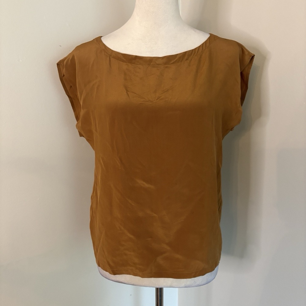 VTG Cassidy 100% Silk Blouse Cap Sleeve Brown Caramel Bronze Minimalist Large L